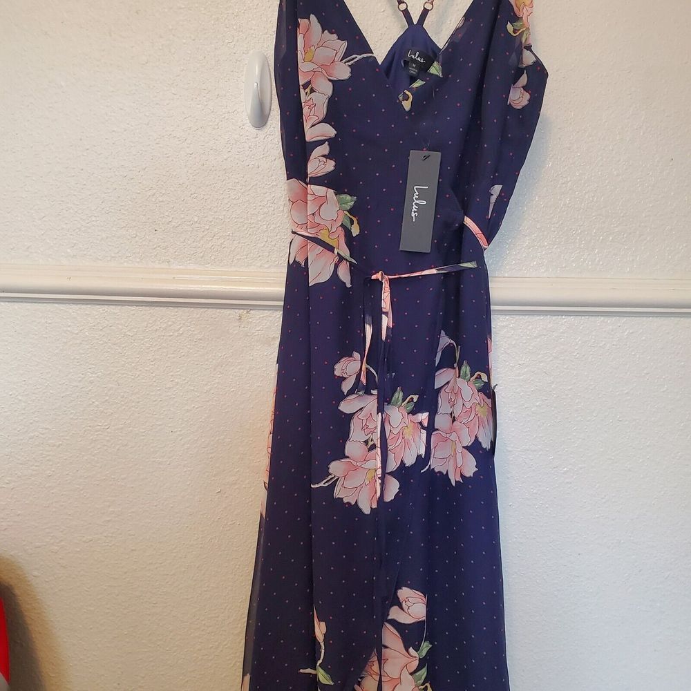Lulus Maxi Dress Loiselle Navy Blue Floral Print Polka Dot Wrap Dress Size M NWT - Picture 4 of 16